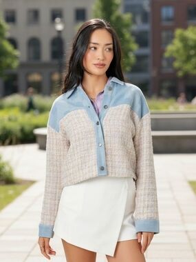Mystree Blue & Cream Cropped Denim + Tweed Jacket